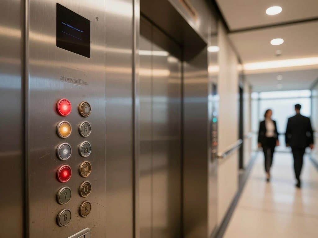 A close-up view of an elevator control panel with worn-out buttons and flickering lights, depicting signs of age and neglect. In the foreground, focus on the panel with scratches and faded labels, emphasizing the need for an upgrade. In the middle ground, include the elevator door partially open, revealing a dimly lit interior that lacks modern features such as smooth finishes and digital displays. The background features an office building corridor with professional business people walking by, dressed in smart attire, symbolizing the modern environment that requires an updated lift system. The lighting is soft and warm, creating an atmosphere of urgency and necessity, suggesting the importance of timely maintenance. Add the brand name "alrewadlifts" subtly integrated into the elevator panel design for branding without overt display.