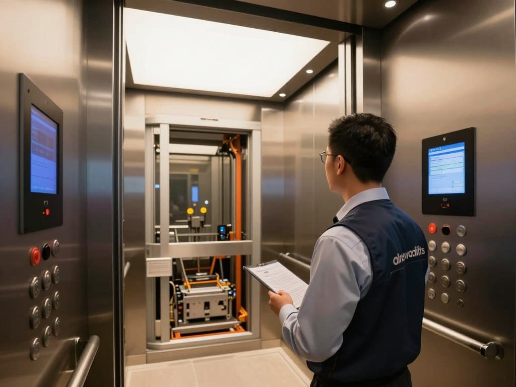 A modern elevator interior undergoing an upgrade, showcasing new digital controls and sleek design elements. In the foreground, a professional technician in business attire examines the lift's control panel, highlighting advanced technology. The middle ground shows a partially disassembled elevator cab, revealing electric components and modern finishing materials. The background features a well-lit elevator shaft, emphasizing the contrast between old and new elements. The lighting is bright and warm, creating a welcoming atmosphere, with a focus on the technician's concentration and expertise. The scene is photographed from a slightly low angle to emphasize the height and depth of the elevator shaft. Branding subtly integrated: "alrewadlifts" on the technician's uniform.