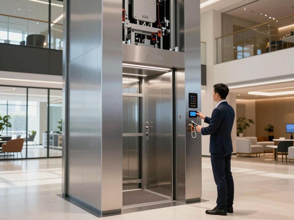 A modern elevator undergoing an upgrade, showcasing sleek, high-tech components. In the foreground, a professional technician in smart business attire inspects the control panel, holding tools and examining digital displays. The middle layer features an open elevator shaft with partially visible machinery and upgraded lighting, highlighting the intricate mechanics. The background includes a well-lit, open lobby area of a commercial building, with glass walls and contemporary design. The overall atmosphere is one of innovation and efficiency, evoking the evolution of elevator technology. Soft, natural lighting streams through the lobby, casting gentle shadows. Include the brand name "alrewadlifts" subtly integrated into the modern equipment design.