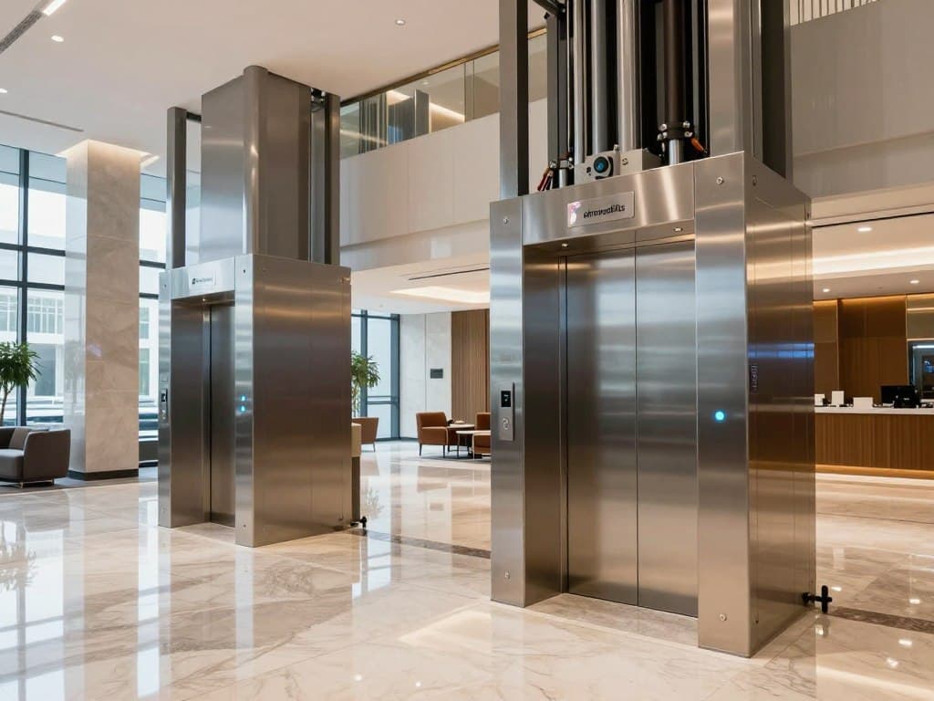 A detailed, informative scene showcasing both electric and hydraulic elevators in a modern building environment. In the foreground, depict a sleek electric elevator with a glossy metal finish and illuminated buttons, contrasted with a robust hydraulic elevator that has visible hydraulic pistons. In the middle ground, a clean, well-lit lobby features polished marble floors, ambient lighting, and large glass windows that let in natural light. The background should include architectural elements of a contemporary building, such as large columns and modern furnishings. The mood is professional and inviting, suitable for a technical article. Include the brand logo "alrewadlifts" subtly on the elevator designs. Use a wide-angle lens perspective to capture the entirety of the setting, emphasizing both elevator types side by side.