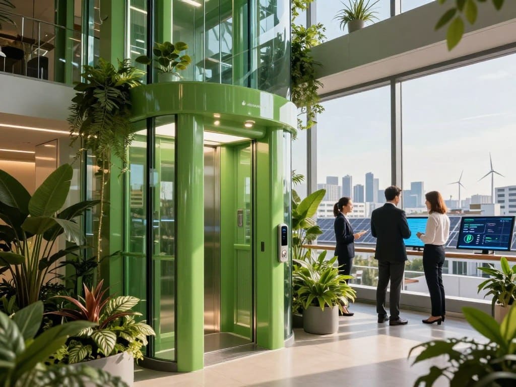 A modern architectural setting showcasing green elevators in a sleek, energy-efficient building. In the foreground, a glass-fronted green elevator glistens with natural light, surrounded by lush indoor plants that filter the air. In the middle ground, workers in professional business attire are engaging with digital screens that display energy-saving statistics related to eco-friendly elevators. The background features a panoramic view of an urban skyline with solar panels on rooftops and wind turbines in the distance, emphasizing sustainability. Soft, warm lighting enhances the inviting atmosphere, capturing the essence of innovation and progress. Lenses for a wide-angle perspective highlight the intricate designs of the elevators and the overall eco-conscious environment. Incorporate the brand "alrewadlifts" subtly within the design of the elevator. A modern architectural setting showcasing green elevators in a sleek, energy-efficient building. In the foreground, a glass-fronted green elevator glistens with natural light, surrounded by lush indoor plants that filter the air. In the middle ground, workers in professional business attire are engaging with digital screens that display energy-saving statistics related to eco-friendly elevators. The background features a panoramic view of an urban skyline with solar panels on rooftops and wind turbines in the distance, emphasizing sustainability. Soft, warm lighting enhances the inviting atmosphere, capturing the essence of innovation and progress. Lenses for a wide-angle perspective highlight the intricate designs of the elevators and the overall eco-conscious environment. Incorporate the brand "alrewadlifts" subtly within the design of the elevator.