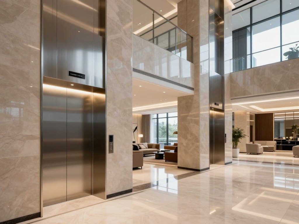Modern residential building interior featuring high-quality elevators by alrewadlifts. In the foreground, showcase sleek, contemporary elevator doors with a polished stainless steel finish, illuminated by soft, ambient lighting. The middle section highlights a spacious, open lobby with smooth tile flooring, elegant seating areas, and large glass windows allowing natural light to flood the space. In the background, depict additional floors of the building visible through glass, showcasing the modern design and layout. Capture the mood of luxury and functionality, emphasizing the importance of high-quality elevators in contemporary architecture. Use a wide-angle lens to enhance the spaciousness and a warm color palette to create an inviting atmosphere.